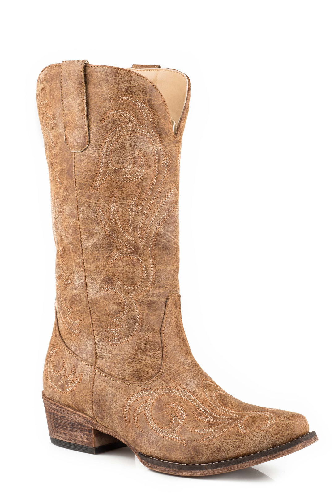WOMENS FASHION COWBOY BOOT VINTAGE TAN FAUX LEATHER AND ALL OVER EMBROIDERY