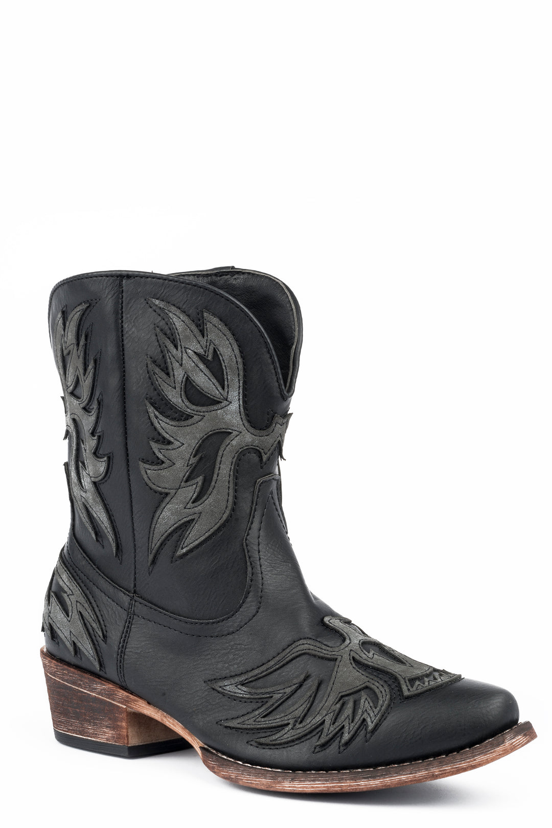 WOMENS FASHION SHORTY BOOT BLACK FAUX LEATHER AND EAGLE OVERLAY