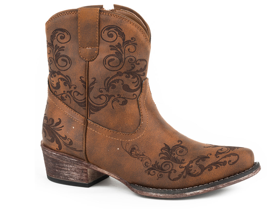 WOMENS FASHION SHORTY BOOT VINTAGE COGNAC FAUX LEATHER LASER WESTERN DESIGN