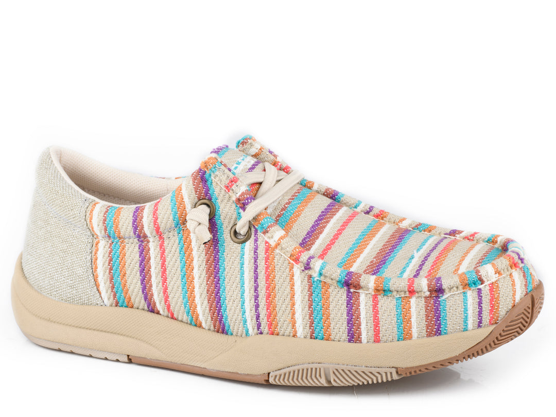 WOMENS BEIGE CANVAS WITH STRIPED VAMP