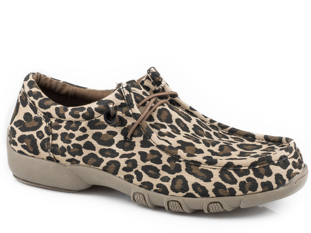 WOMENS TAN LEOPARD CANVAS CHUKKA WITH TWO EYELETS ELASTIC LACES