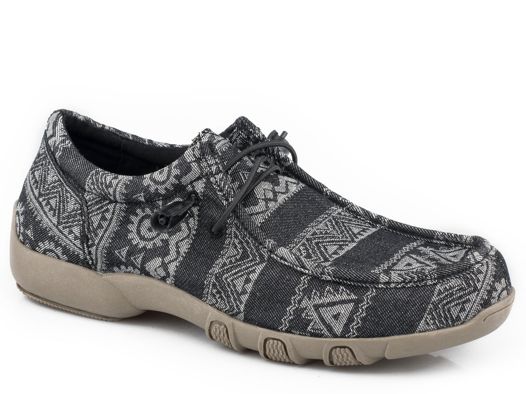 WOMENS BLACK AZTEC CANVAS CHUKKA WITH TWO EYELETS ELASTIC LACES