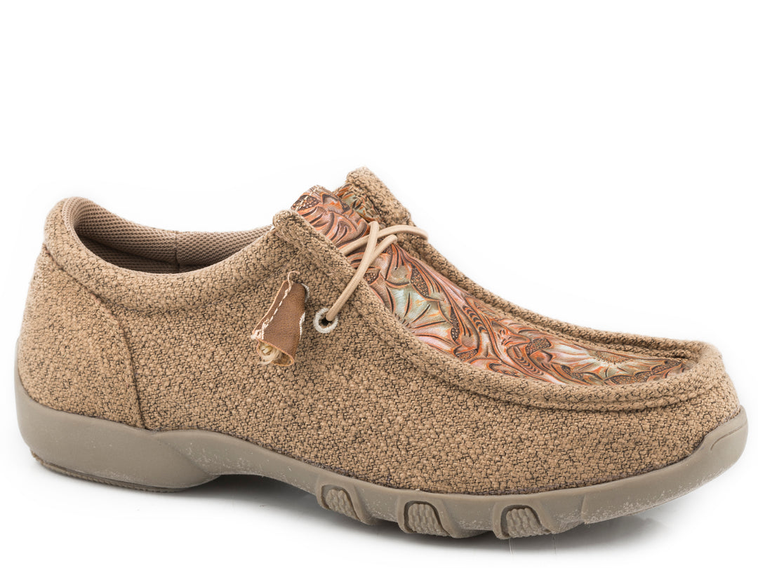 WOMENS TAN CANVAS WITH EMBOSSED FLORAL VAMP
