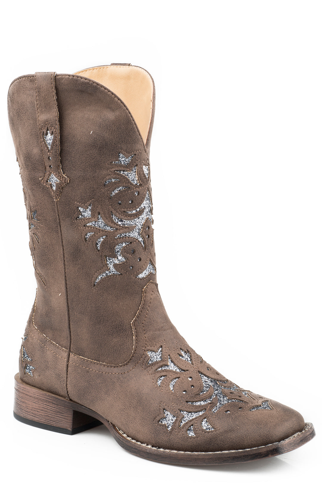 WOMENS COWBOY BOOT BROWN FAUX LEATHER WITH METALLIC SILVER UNDERLAY