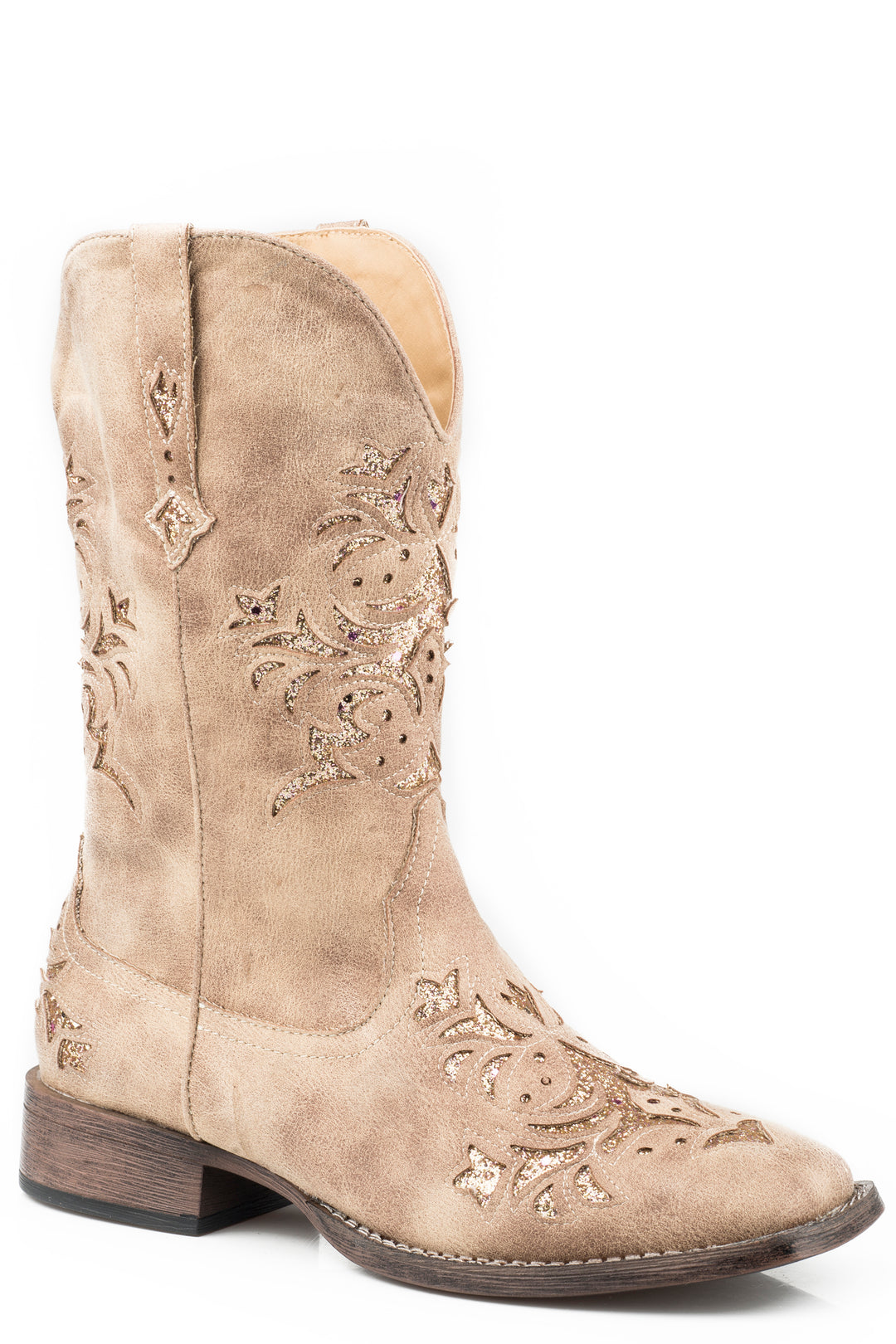 WOMENS COWBOY BOOT VINTAGE BEIGE FAUX LEATHER WITH METALLIC GOLD UNDERLAY