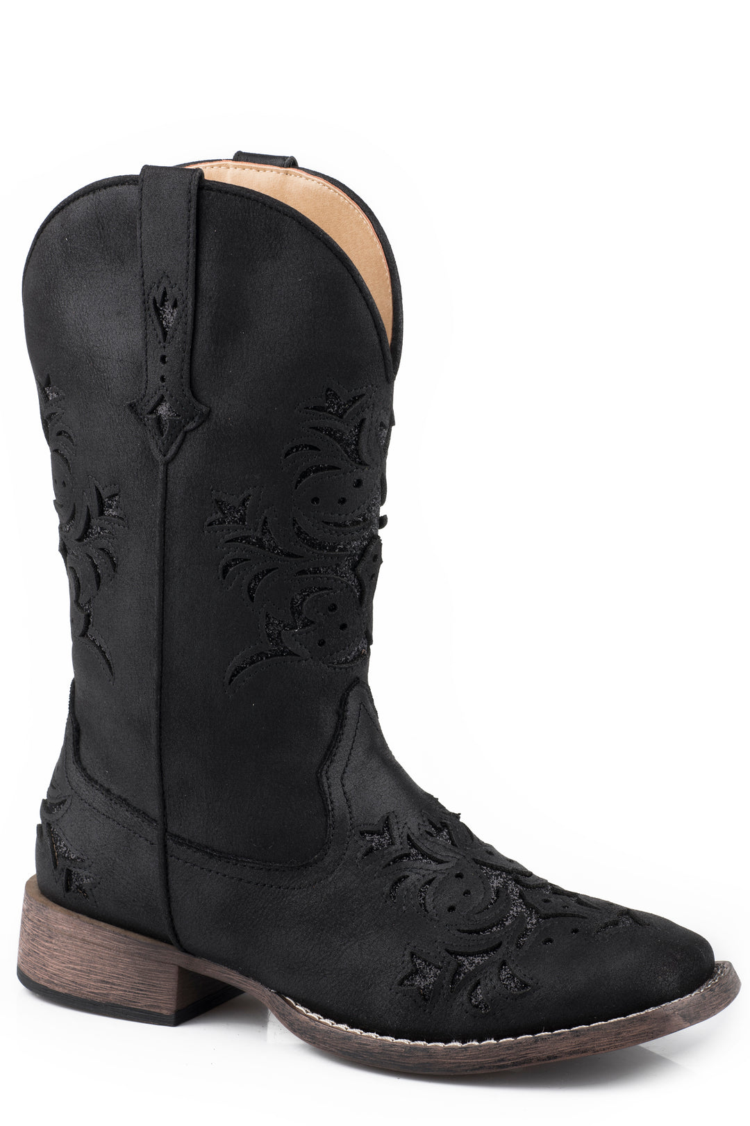 WOMENS BLACK FAUX LEATHER SQUARE TOE BOOT WITH GLITTER UNDERLAYS