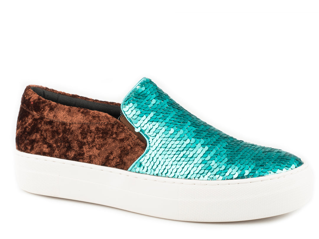 WOMENS ATHLETIC SNEAKER SLIP ON TURQUOISE AND SILVER SEQUINS ON VAMP WITH BROWN VELVET HEEL