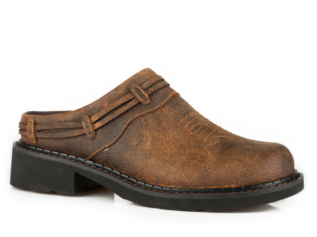 WOMENS MULE ON CHUNK OUTSOLE BROWN CRAZY HORSE LEATHER WITH LACED SADDLE VAMP