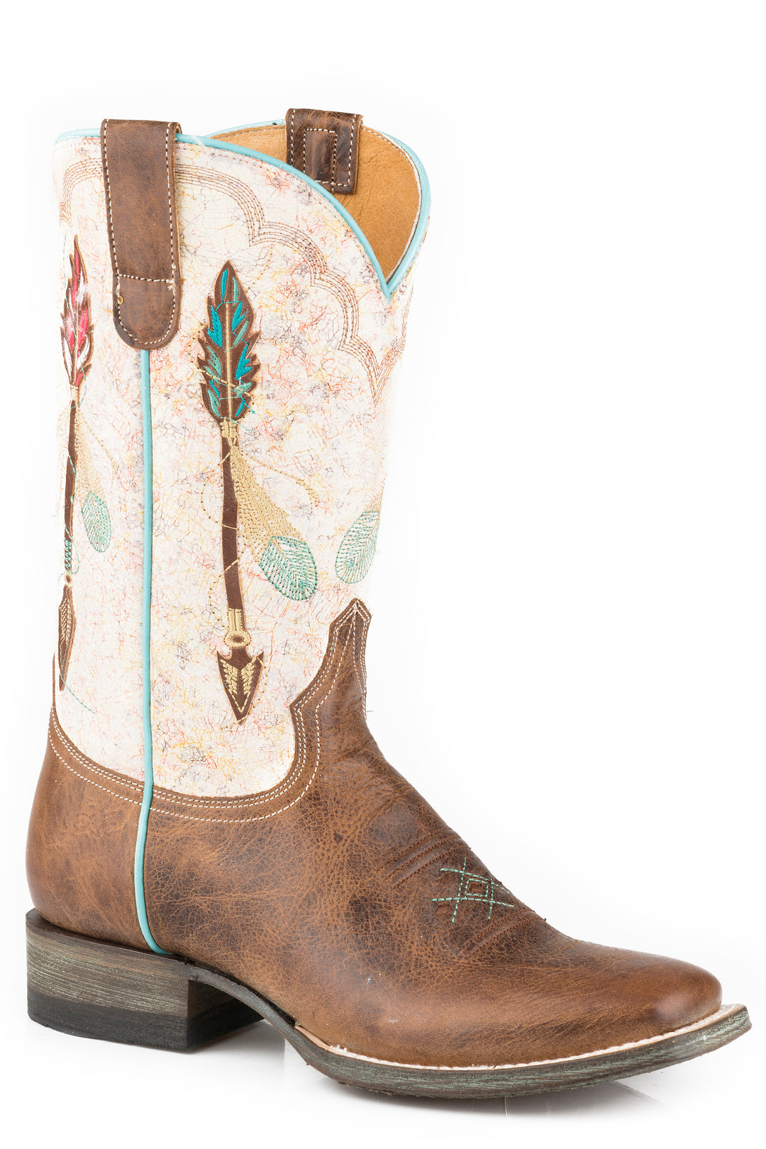 WOMENS VINTAGE TAN VAMP BOOT WITH EMBROIDERED ARROW DESIGN ON WHITE SHAFT