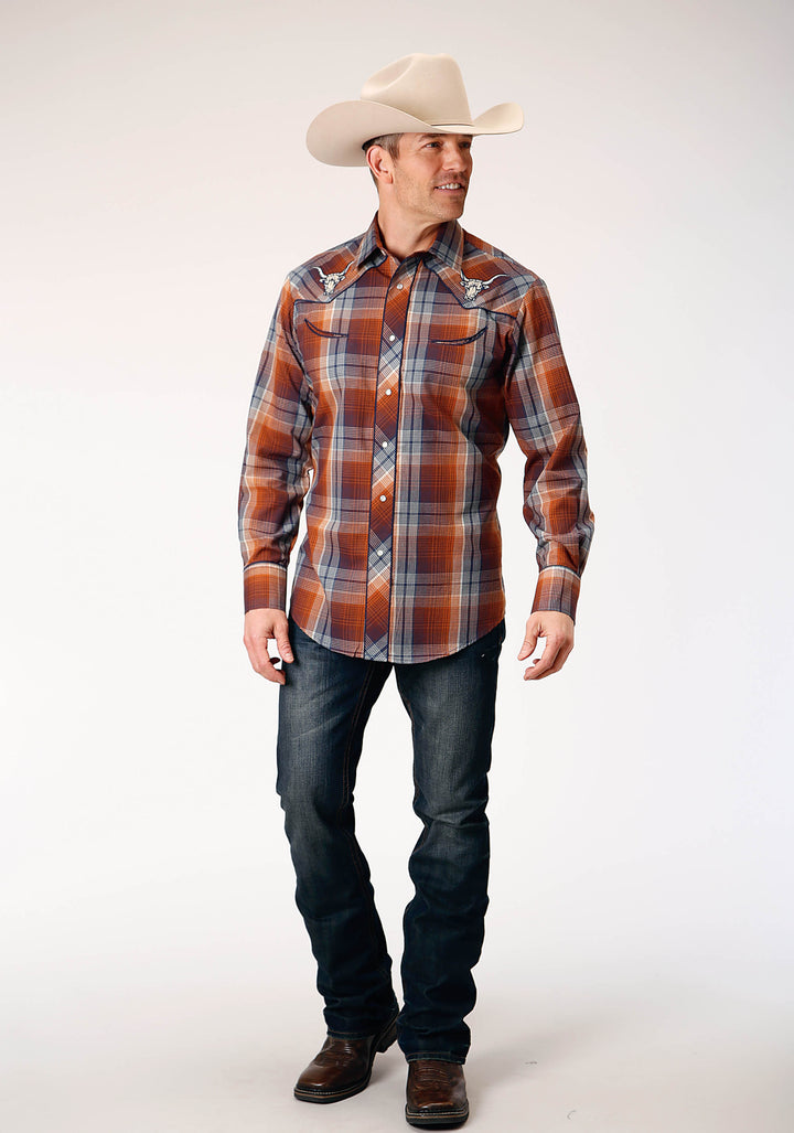 MENS LONG SLEEVE SNAP BROWN NAVY CREAM PLAID WESTERN SHIRT WITH PIPING AND EMBROIDERY ON YOKES