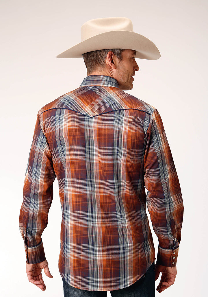 MENS LONG SLEEVE SNAP BROWN NAVY CREAM PLAID WESTERN SHIRT WITH PIPING AND EMBROIDERY ON YOKES