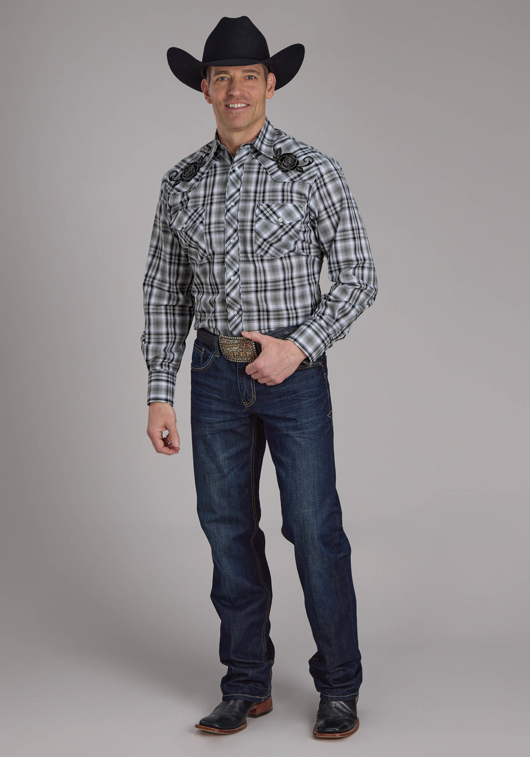 MENS GRAY BLACK AND WHITE PLAID LONG SLEEVE SNAP WESTERN SHIRT