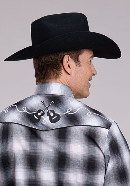 Mens Long Sleeve Snap Black Grey White Plaid Western Shirt