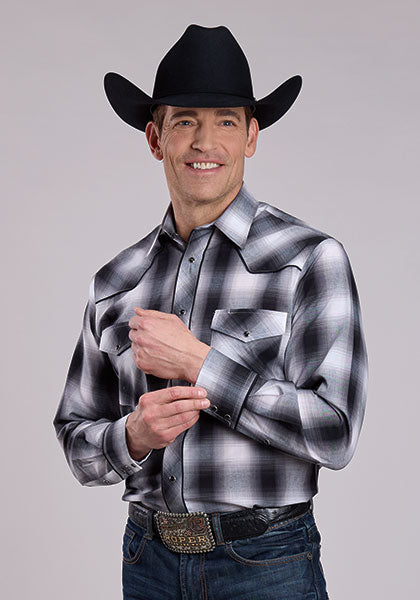 Mens Long Sleeve Snap Black Grey White Plaid Western Shirt