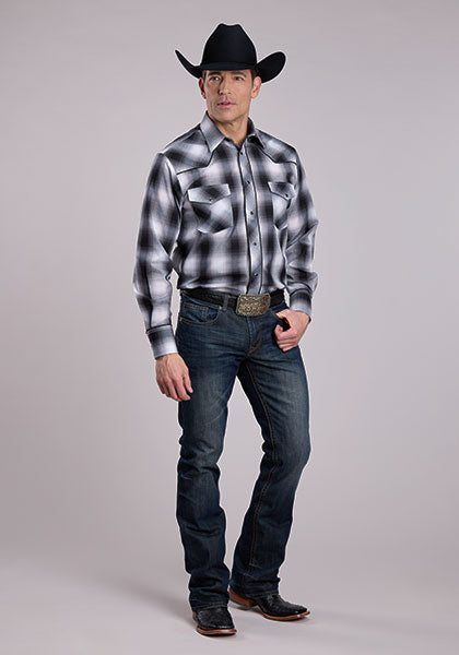 Mens Long Sleeve Snap Black Grey White Plaid Western Shirt