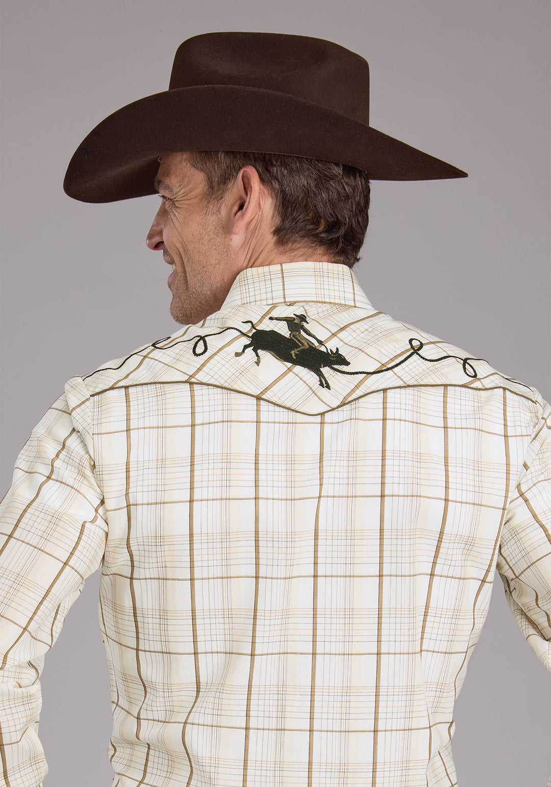 MENS TAN PLAID LONG SLEEVE SNAP WESTERN SHIRT