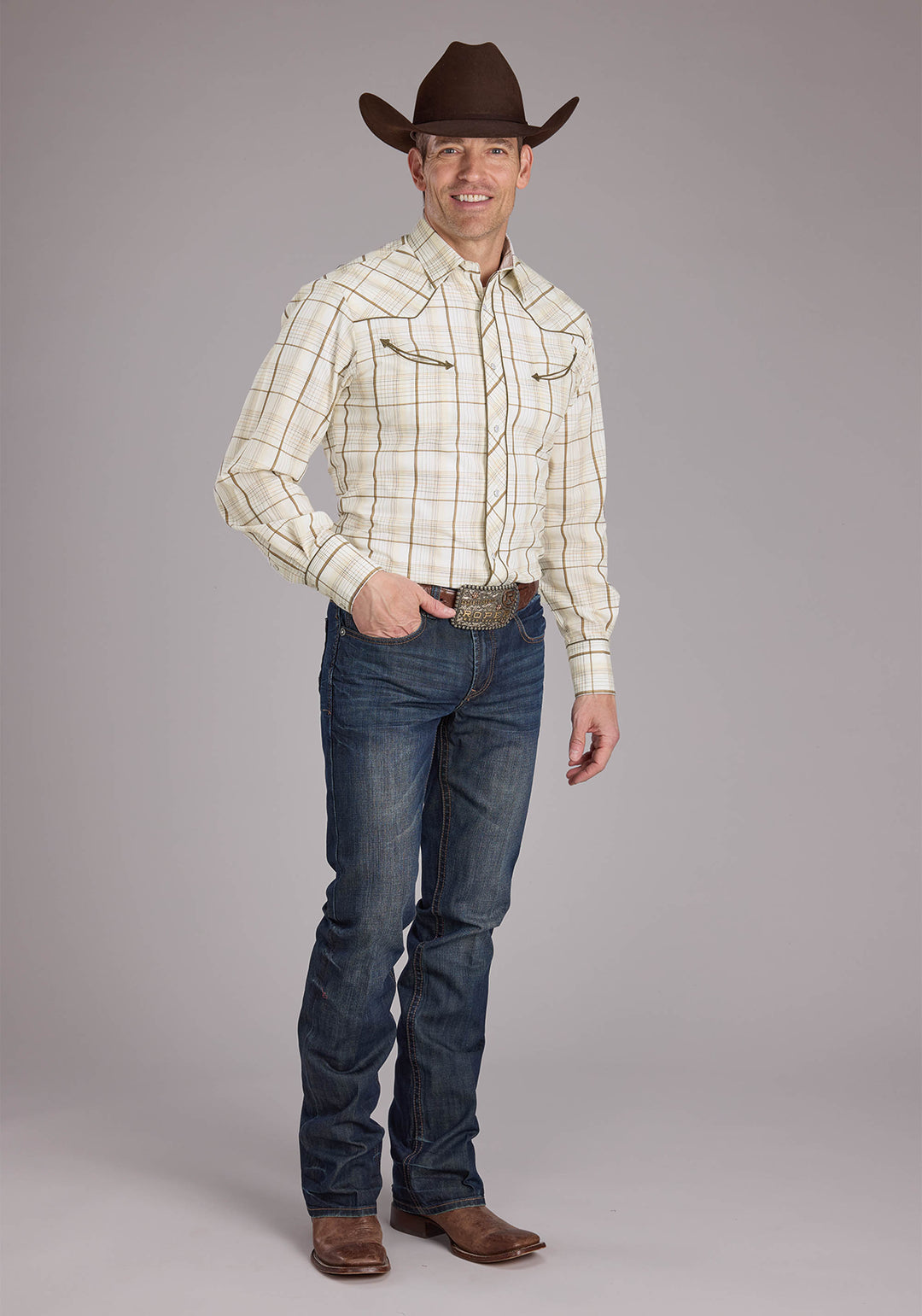 MENS TAN PLAID LONG SLEEVE SNAP WESTERN SHIRT
