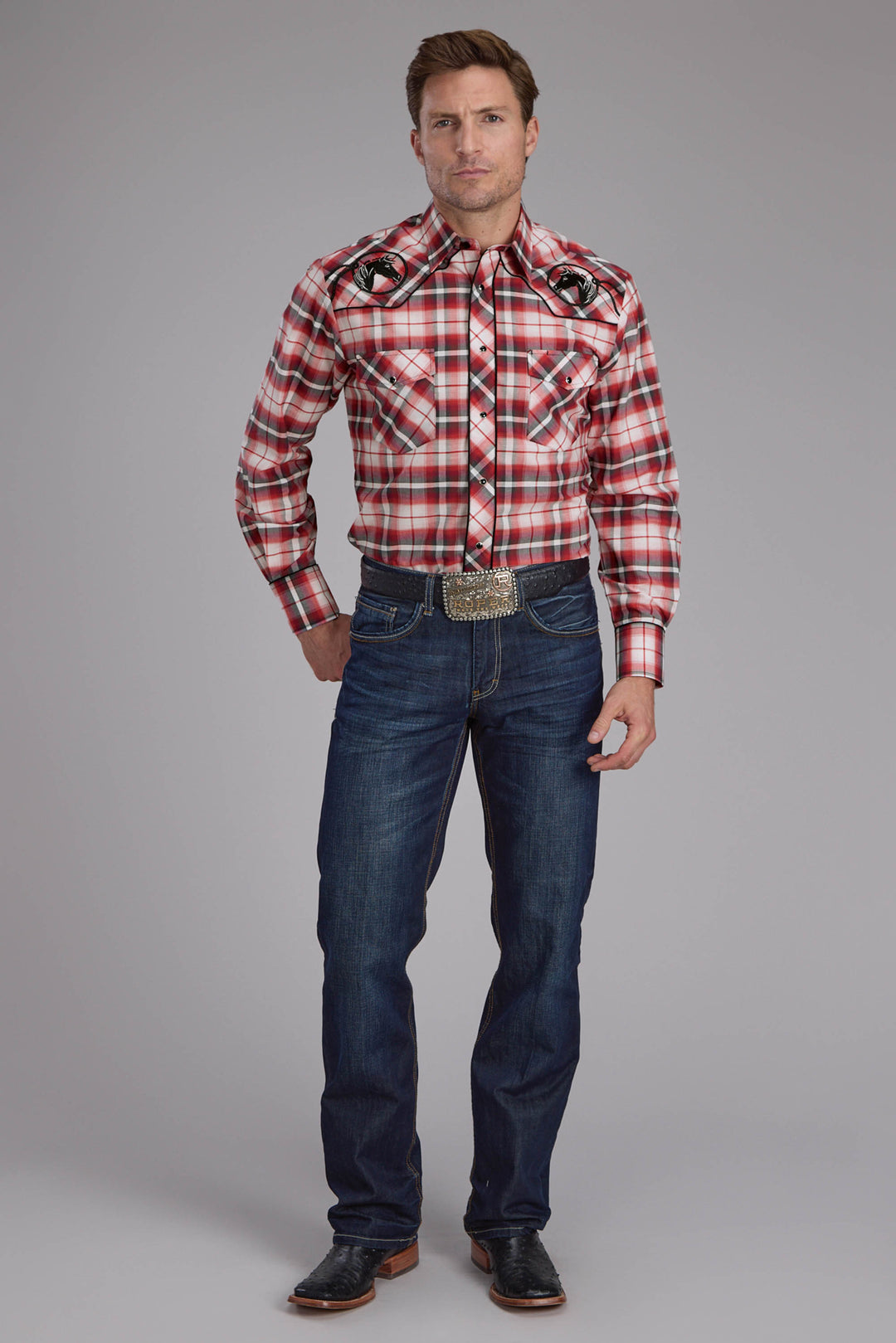 MENS RED PLAID LONG SLEEVE SNAP WESTERN SHIRT