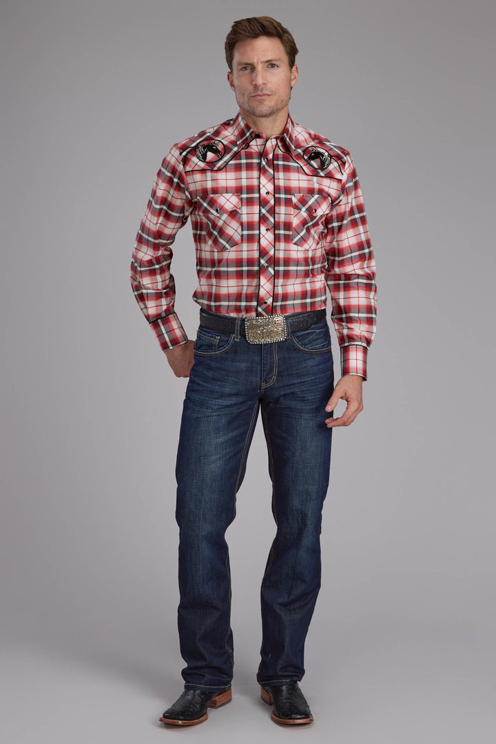 MENS RED PLAID LONG SLEEVE SNAP WESTERN SHIRT