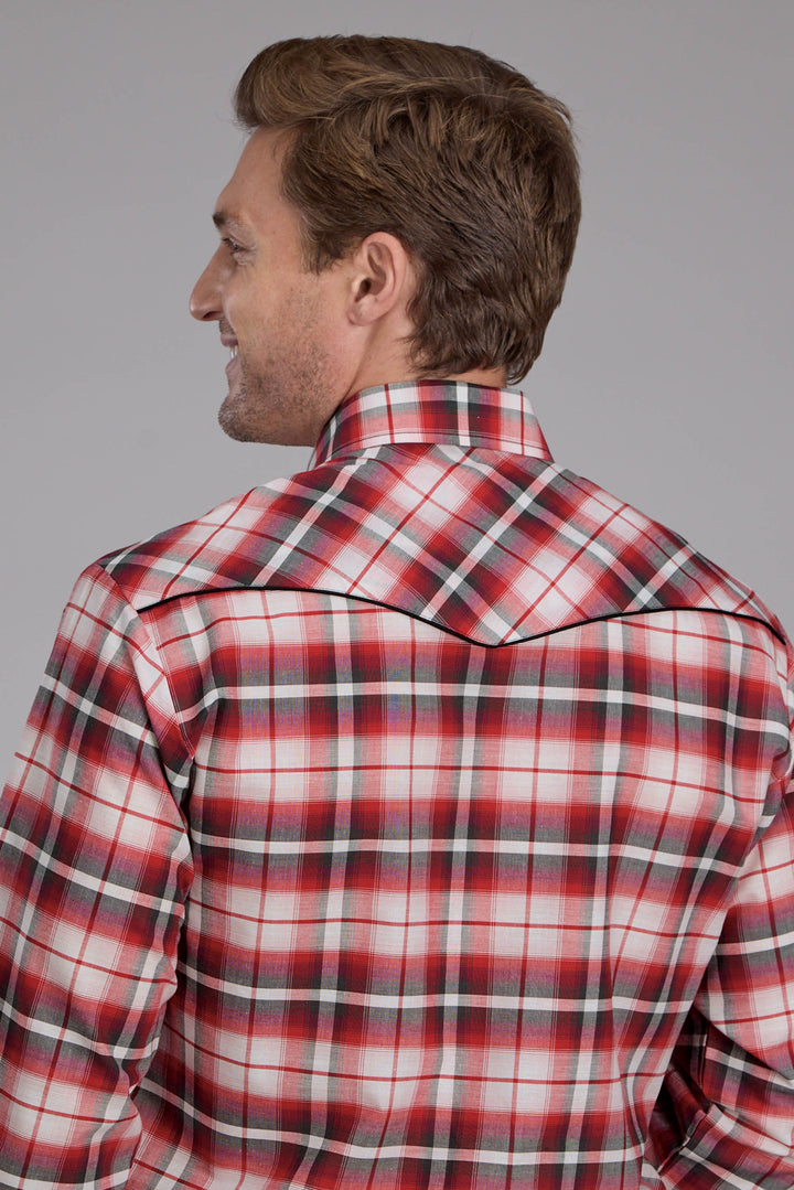 MENS RED PLAID LONG SLEEVE SNAP WESTERN SHIRT
