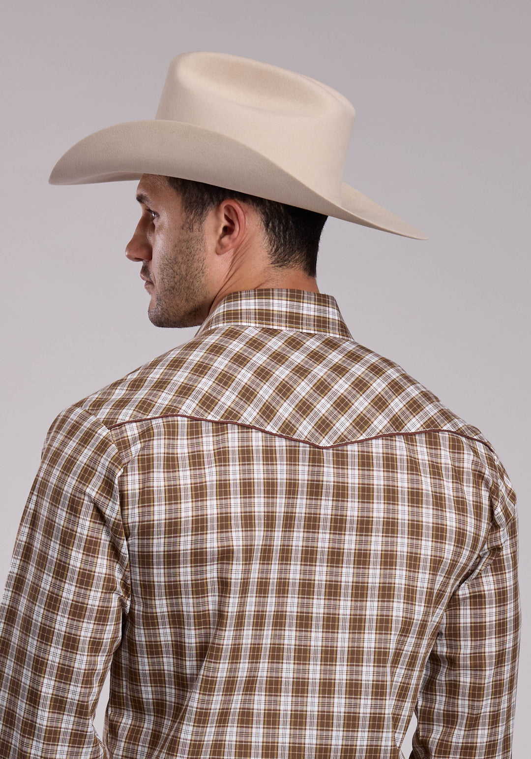 MENS ROPER BROWN PLAID LONG SLEEVE SNAP SHIRT