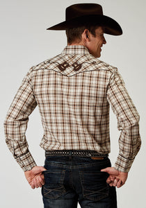 MENS LONG SLEEVE SNAP DESERT PLAID WESTERN SHIRT  WITH EMBROIDERY ON BACK YOKES SMILE POCKETS