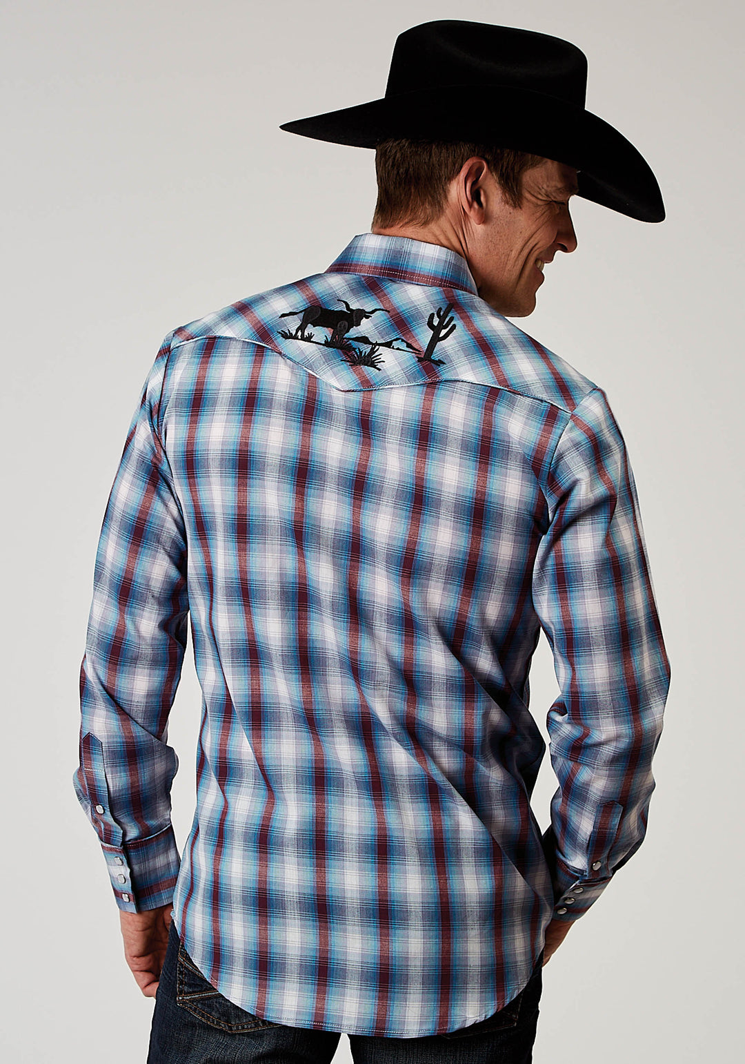 MENS LONG SLEEVE SNAP AMERICANA PLAID WESTERN SHIRT WITH EMBROIDERY ON BACK YOKES SMILE POCKETS
