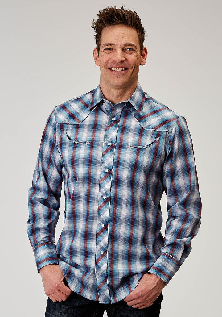 MENS LONG SLEEVE SNAP AMERICANA PLAID WESTERN SHIRT WITH EMBROIDERY ON BACK YOKES SMILE POCKETS