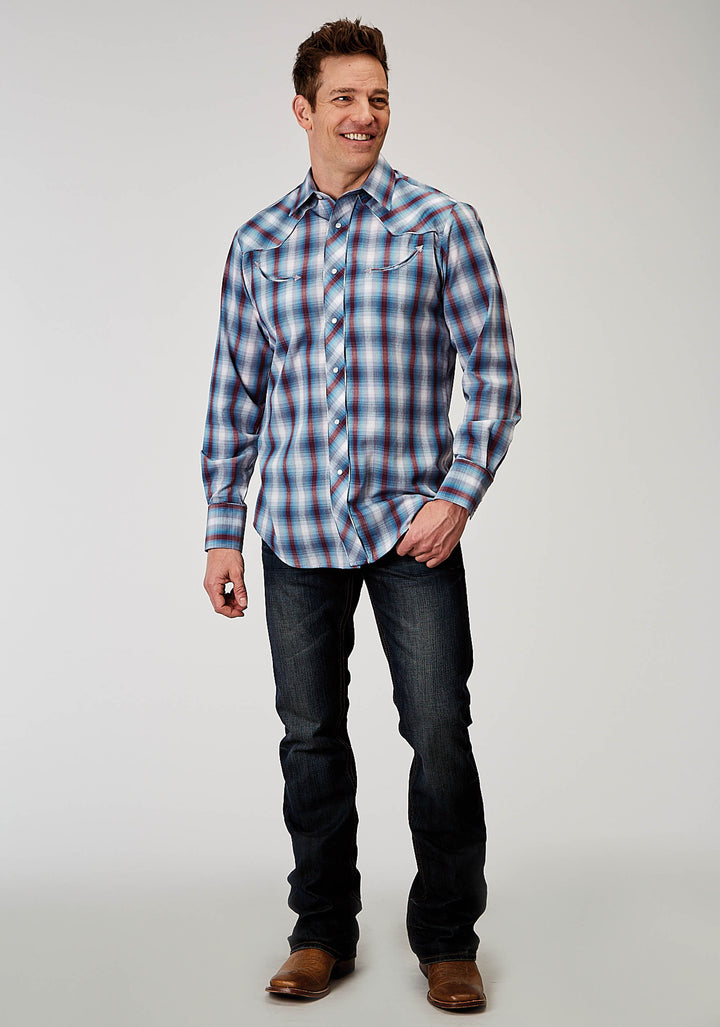 MENS LONG SLEEVE SNAP AMERICANA PLAID WESTERN SHIRT WITH EMBROIDERY ON BACK YOKES SMILE POCKETS
