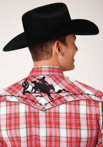 MENS LONG SLEEVE SNAP ORANGE RED BLACK WHITE PLAID WESTERN SHIRT
