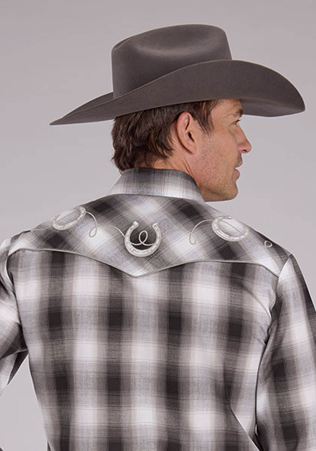 MENS GRAY BLACK AND WHITE PLAID LONG SLEEVE SNAP WESTERN SHIRT