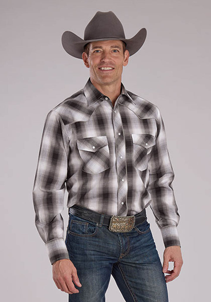 MENS GRAY BLACK AND WHITE PLAID LONG SLEEVE SNAP WESTERN SHIRT