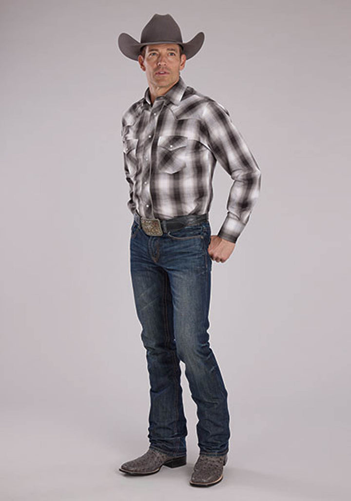 MENS GRAY BLACK AND WHITE PLAID LONG SLEEVE SNAP WESTERN SHIRT