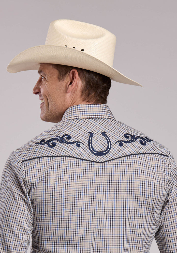 Mens Roper Blue  White Plaid Long Sleeve Snap Shirt