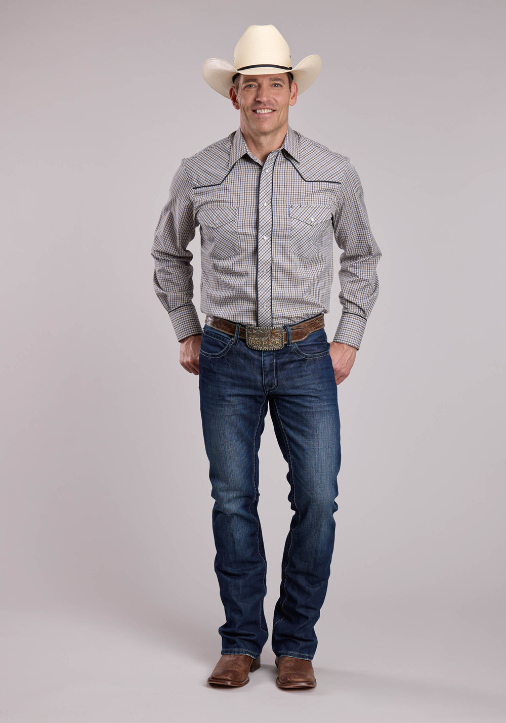 MENS ROPER BLUE  WHITE PLAID LONG SLEEVE SNAP SHIRT