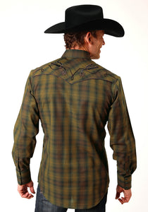 MENS LONG SLEEVE SNAP BLACK GOLD PLAID WESTERN SHIRT