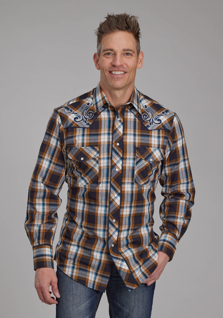 MENS CARAMEL NAVY CREAM AND TEAL PLAID LONG SLEEVE SNAP WESTERN SHIRT