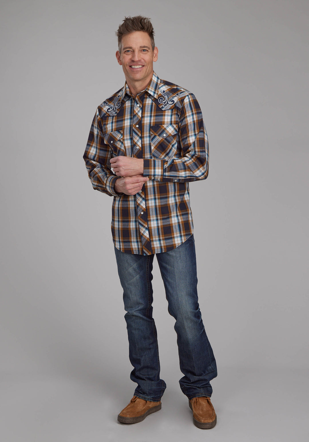 MENS CARAMEL NAVY CREAM AND TEAL PLAID LONG SLEEVE SNAP WESTERN SHIRT