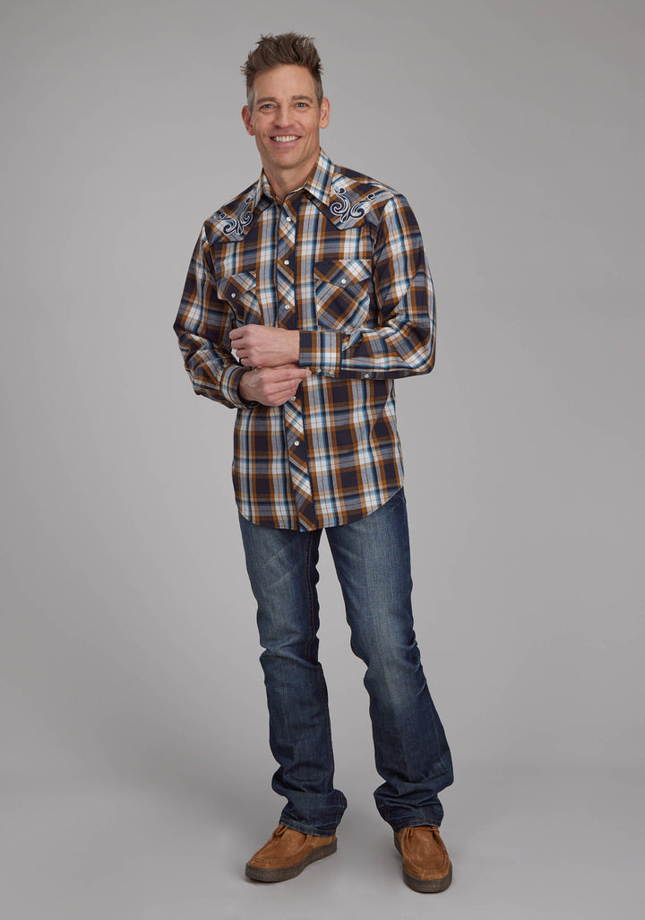 MENS CARAMEL NAVY CREAM AND TEAL PLAID LONG SLEEVE SNAP WESTERN SHIRT