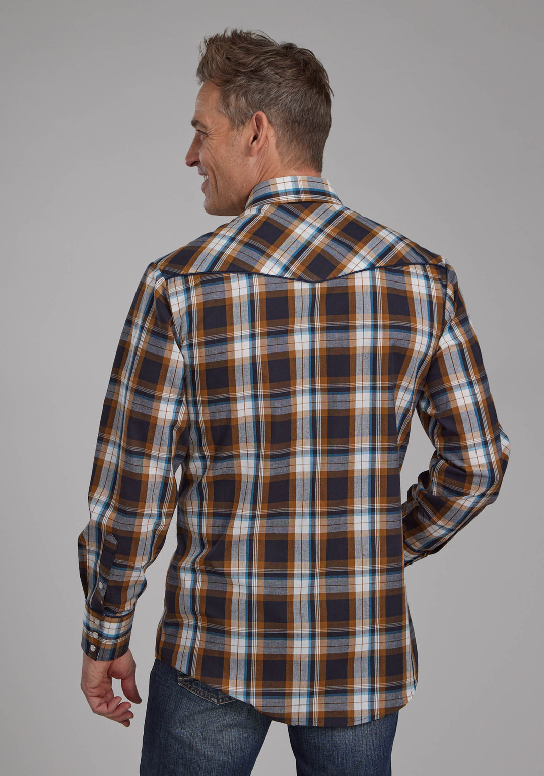 MENS CARAMEL NAVY CREAM AND TEAL PLAID LONG SLEEVE SNAP WESTERN SHIRT