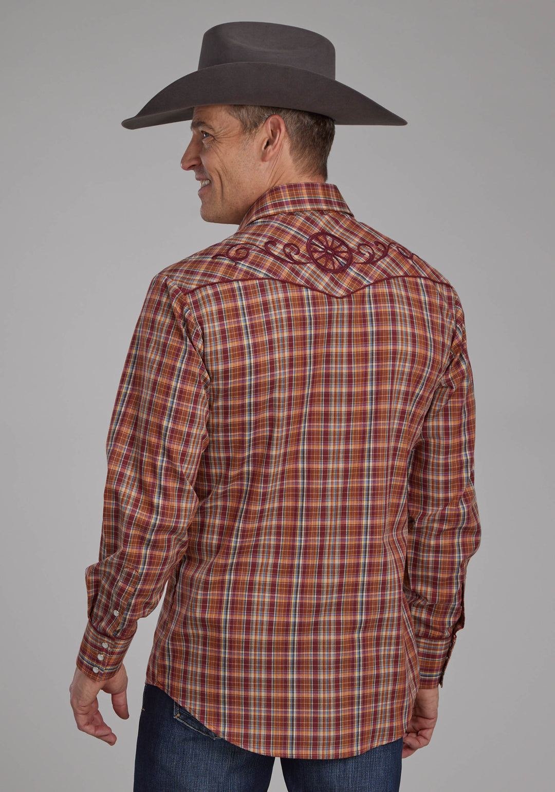 MENS WINE RUST YELLOW AND BLUE PLAID LONG SLEEVE SNAP WESTERN SHIRT