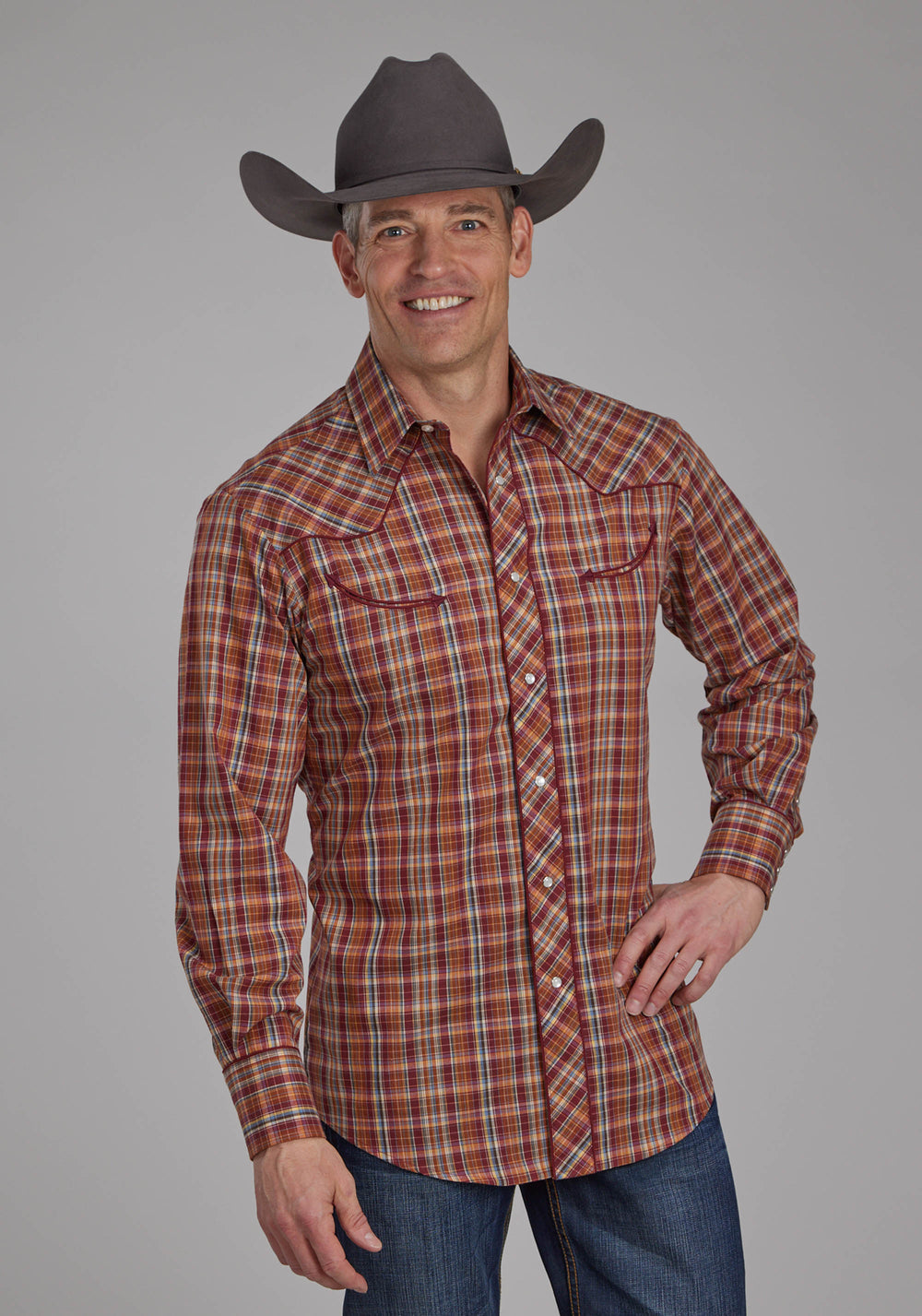 MENS WINE RUST YELLOW AND BLUE PLAID LONG SLEEVE SNAP WESTERN SHIRT