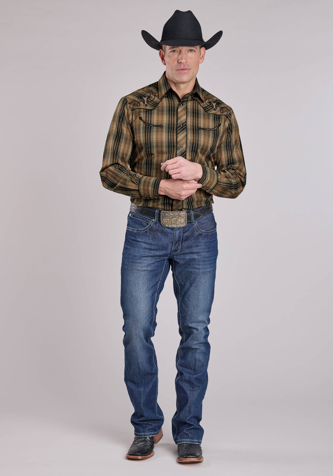 MENS LONG SLEEVE SNAP BROWN BLACK TAN PLAID WESTERN SHIRT