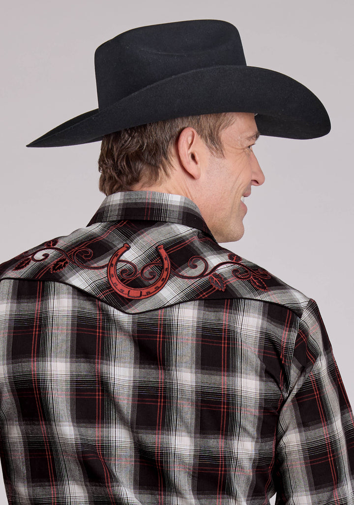 MENS LONG SLEEVE SNAP BLACK WHITE RED PLAID WESTERN SHIRT