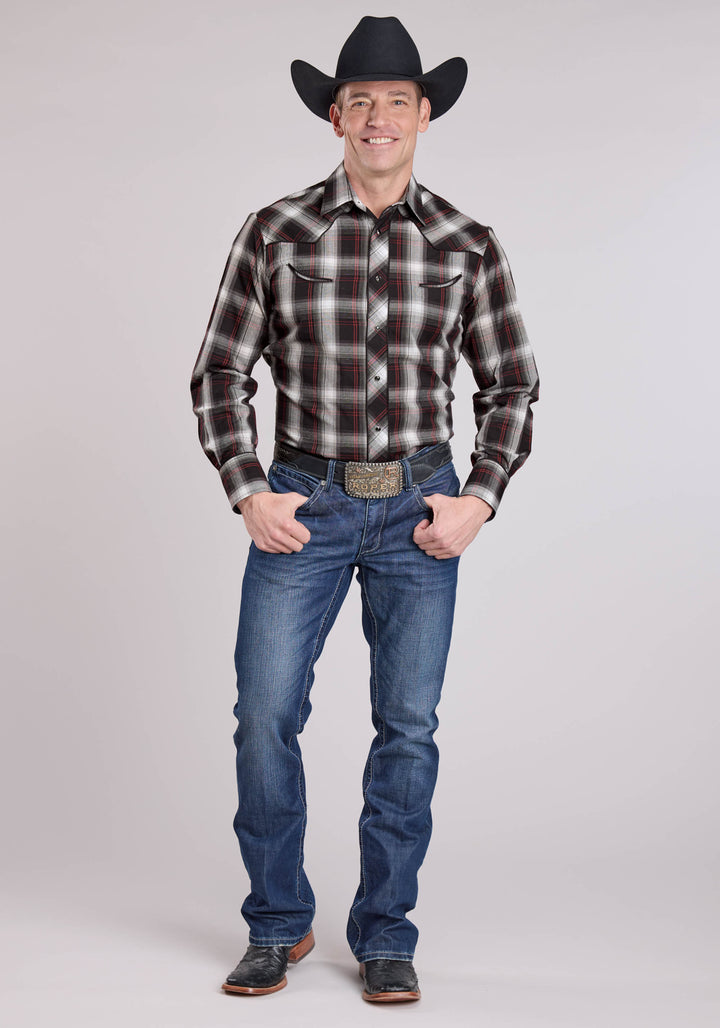 MENS LONG SLEEVE SNAP BLACK WHITE RED PLAID WESTERN SHIRT