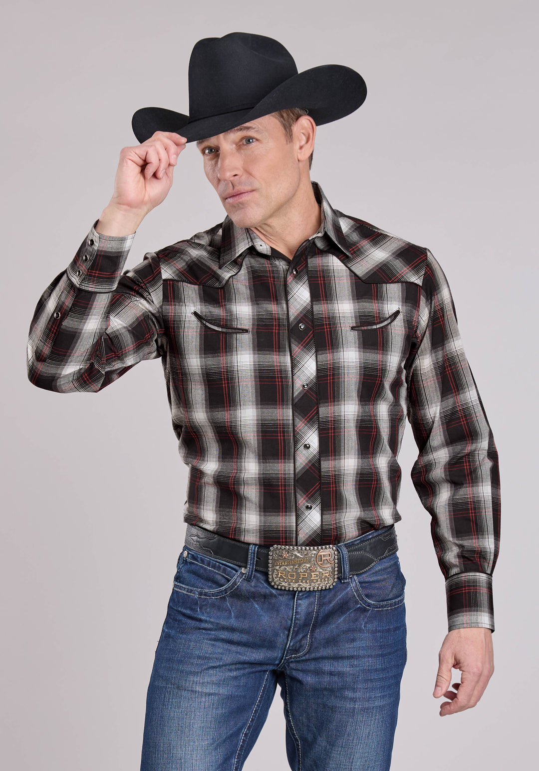 MENS LONG SLEEVE SNAP BLACK WHITE RED PLAID WESTERN SHIRT