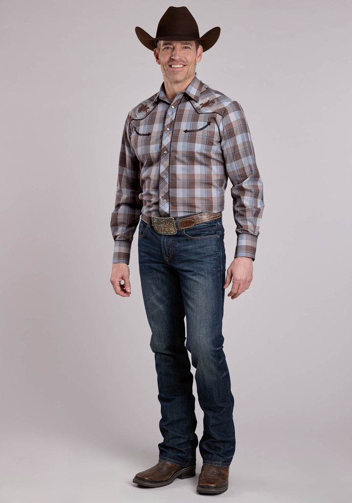 MENS LONG SLEEVE SNAP BR GRAY PERI PLAID WESTERN SHIRT