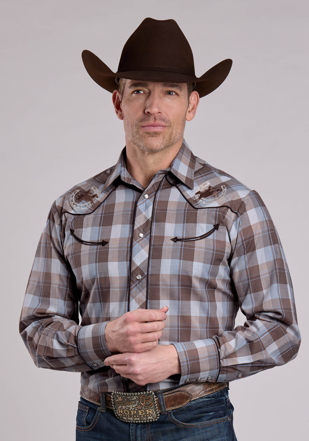 MENS LONG SLEEVE SNAP BR GRAY PERI PLAID WESTERN SHIRT