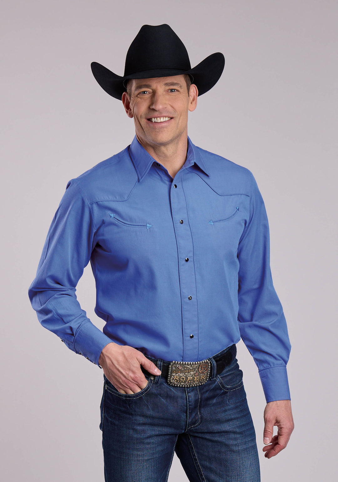 MENS ROPER SOLID BLUE LONG SLEEVE SNAP SHIRT