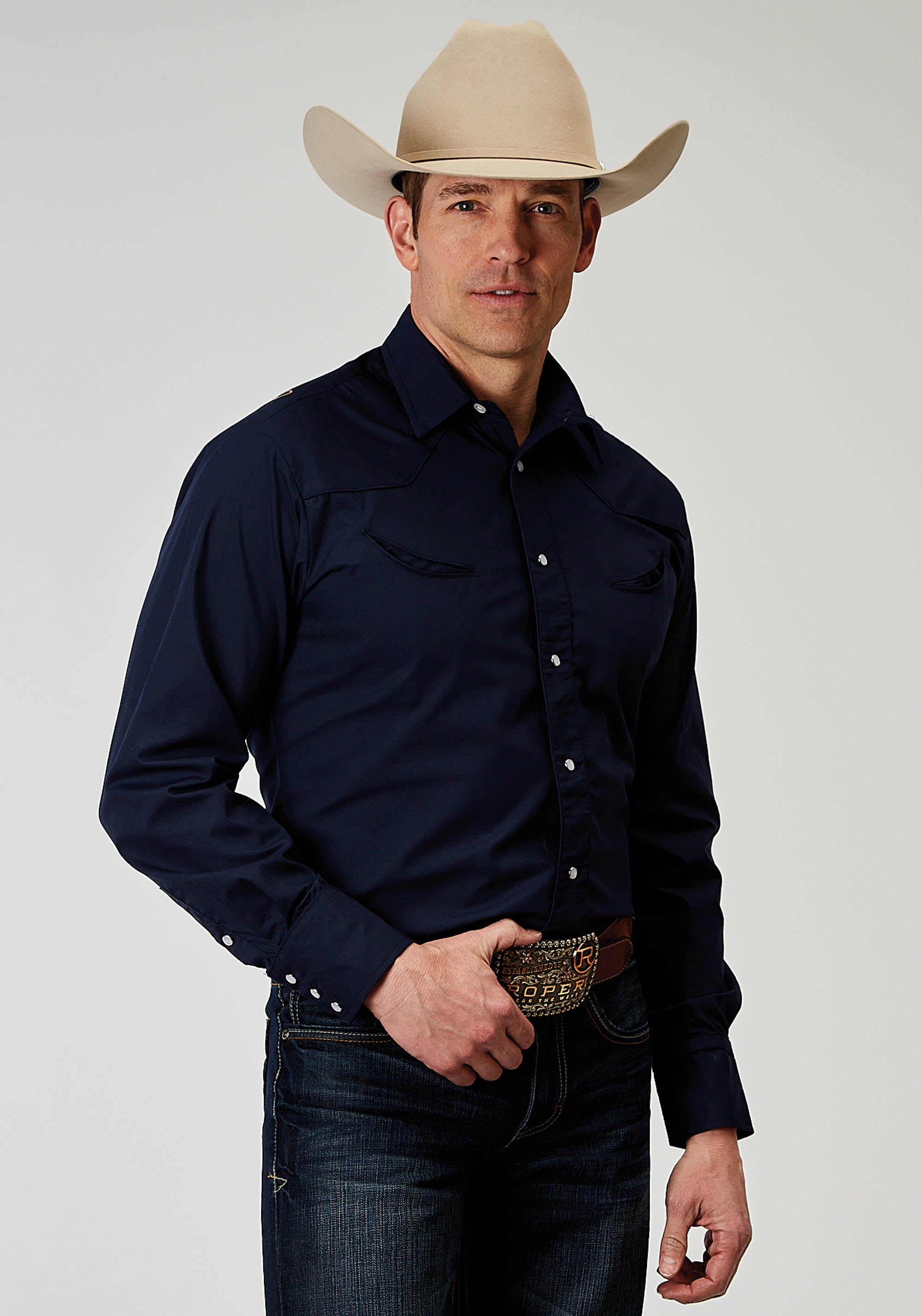Mens Long Sleeve Snap Solid Broadcloth Deep Navy Western Shirt